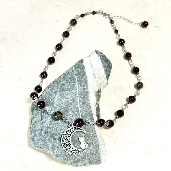 Genuine Dark Brown Agate Necklace, Natural Gemstone & Cat on the Moon Pendant - Picture 4 of 15